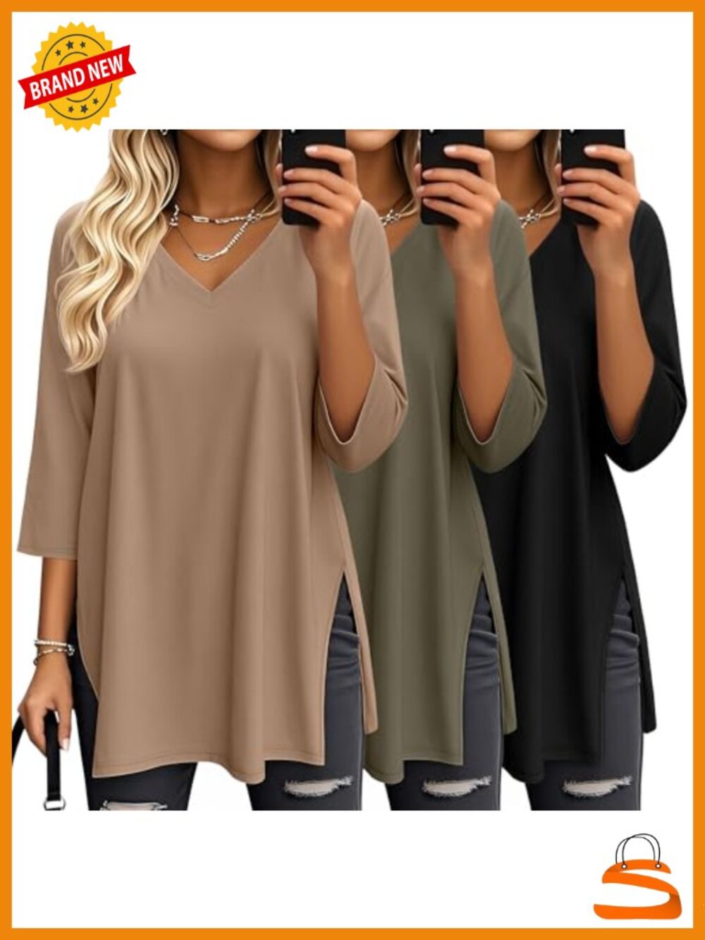 3 Pack 3/4 Sleeve Oversized V Neck Tunic Tops with Side Slits